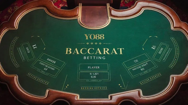 Ba khu vực đặt cược chính trong Baccarat Yo88- Player (xanh), Banker (đỏ) và Tie (vàng) với tỷ lệ trả thưởng tương ứng
