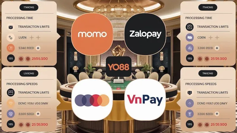 Các ví điện tử được Yo88 hỗ trợ- MoMo, ZaloPay, VNPay với thời gian xử lý giao dịch nhanh chóng