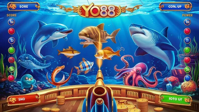 Giao diện tổng quan của game bắn cá Yo88 với đồ họa sống động và các tính năng chính