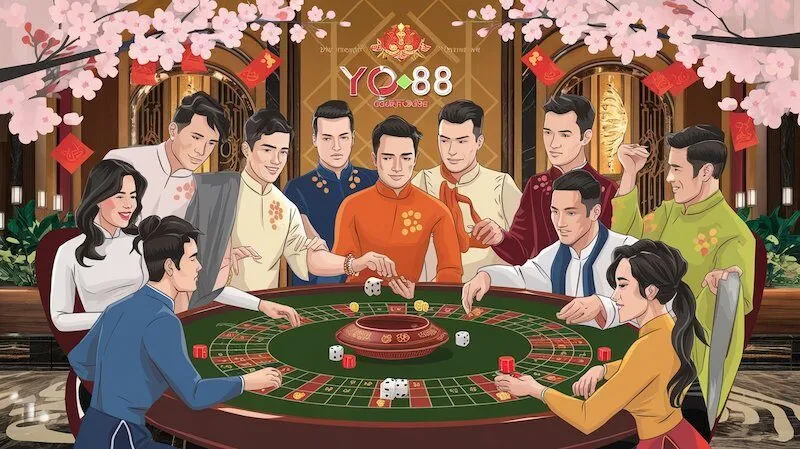 Hình ảnh minh họa trò chơi bầu cua truyền thống trong dịp Tết, thể hiện không khí vui nhộn và đậm chất văn hóa dân gian