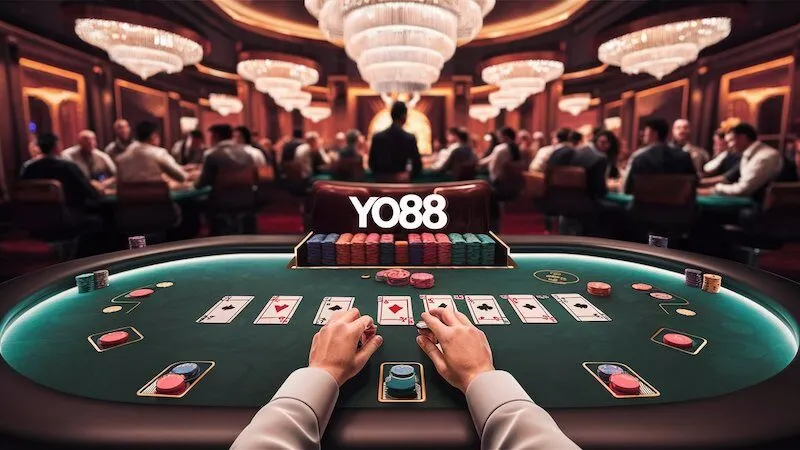 Không gian chơi bài trực tuyến tại Yo88 với bàn Poker Texas Hold'em đang diễn ra ván đấu gay cấn