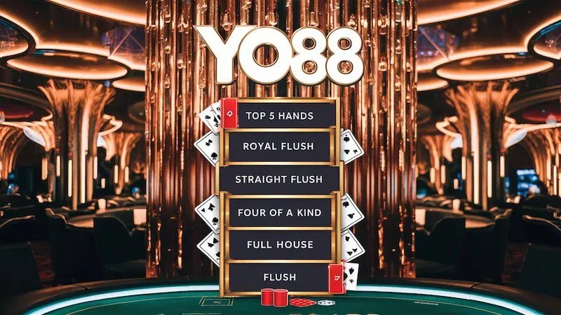 Minh họa các bộ bài mạnh nhất trong Poker Texas, từ Royal Flush đến Full House