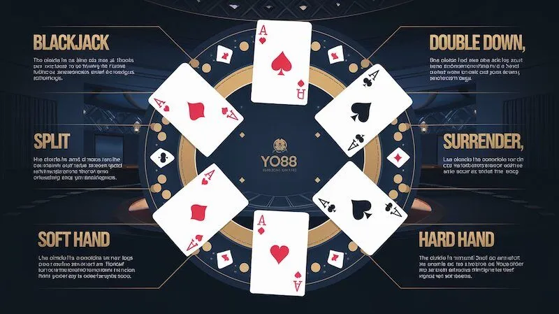 Minh họa trực quan 6 thuật ngữ cơ bản trong Blackjack Yo88- Blackjack, Double Down, Split, Surrender, Soft Hand và Hard Hand